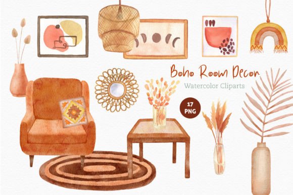 Boho Room Decor Watercolor Clipart for Illustrations & Crafting Projects