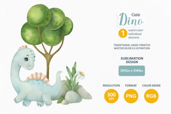 Cute Baby Dino Watercolor Illustrations for Branding and Creative Design Projects