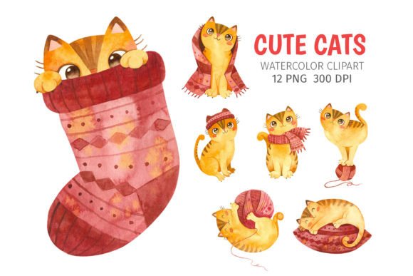 Cute Cats Knitwear Watercolor Clipart for Local Branding & Packaging