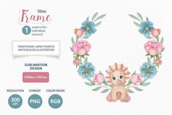 Cute Dino Watercolor Floral PNG Frame for Crafting & Etsy Business Use