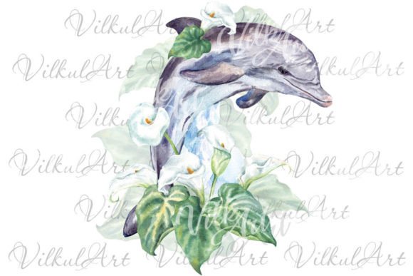 Cute Floral PNG Dolphin Watercolor Sea Illustrations for Small Business Branding