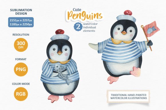 Cute Penguins Watercolor Clipart PNG for Etsy & Creative Sellers