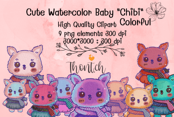 Cute Watercolor Colorful Chibi Illustrations for Crafters & Etsy Sellers
