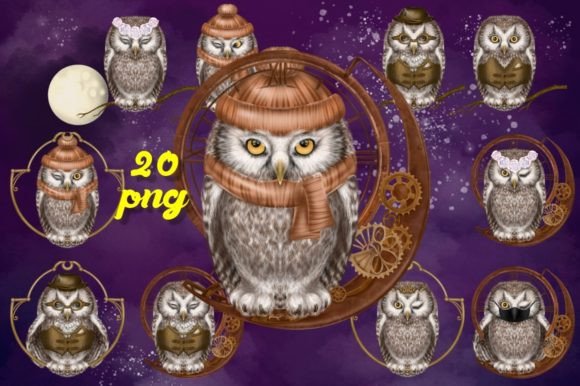 Cute Watercolour Owls Steampunk Bundle 1: Whimsical Illustrations for Playful Branding