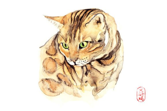 Japanese Watercolor Red Cat Illustration for Crafting & Handmade Business Use