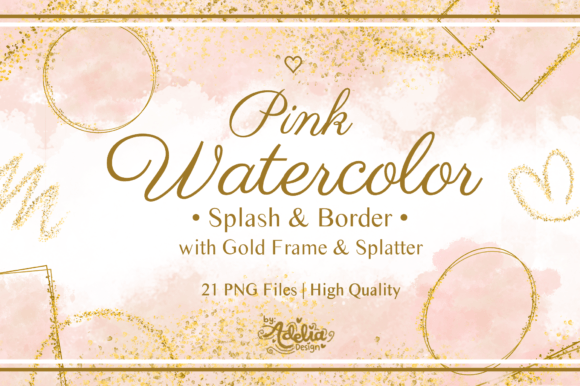 Pink Watercolor with Gold Frame Splatter for Branding & Illustration Projects