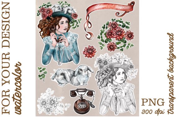 Vintage Watercolor Drawings Girl Phone – A Charming Illustration for Crafters & Etsy Sellers