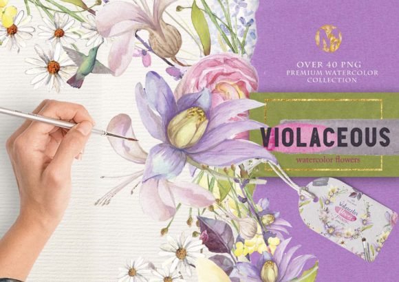 Violaceous Watercolor Flowers Illustrations for Digital Sellers