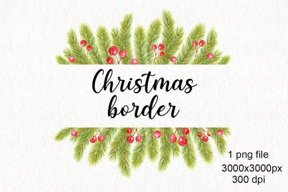 Watercolor Fir Border with Holly Illustrations for Seasonal Branding