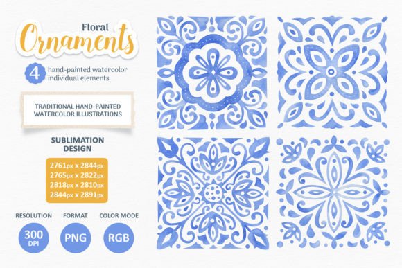 Watercolor Floral Blue Tile Ornaments: A Fresh Illustration for Local Branding