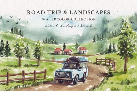 Watercolor Road Trip Landscapes Illustrations for Bloggers & Digital Publishers
