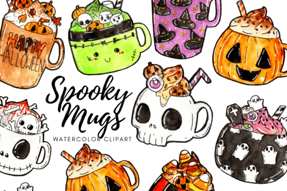 Watercolor Spooky Halloween Mug Clipart & Illustrations for Etsy and Digital Sellers